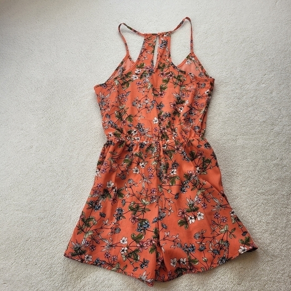 City Streets Wide Leg Orange Romper with Floral Pattern Women's Size Small - Picture 2 of 5